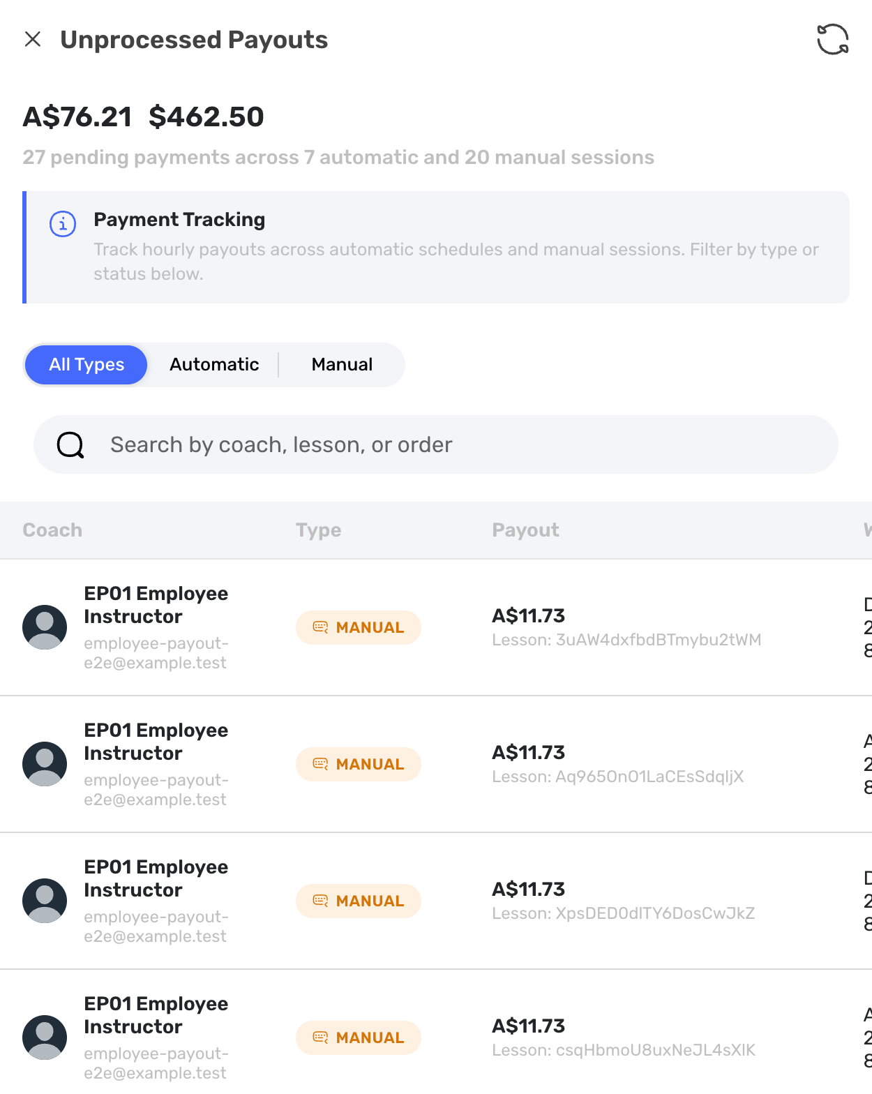Swum unprocessed payouts view showing pending contractor payments, automatic and manual sessions, payout amounts, and lesson timing