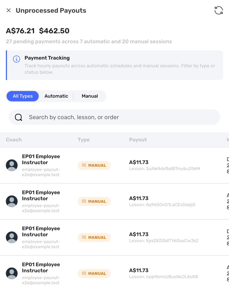 Swum unprocessed payouts view showing pending payments, automatic and manual filters, coaches, payout amounts, and lesson timing