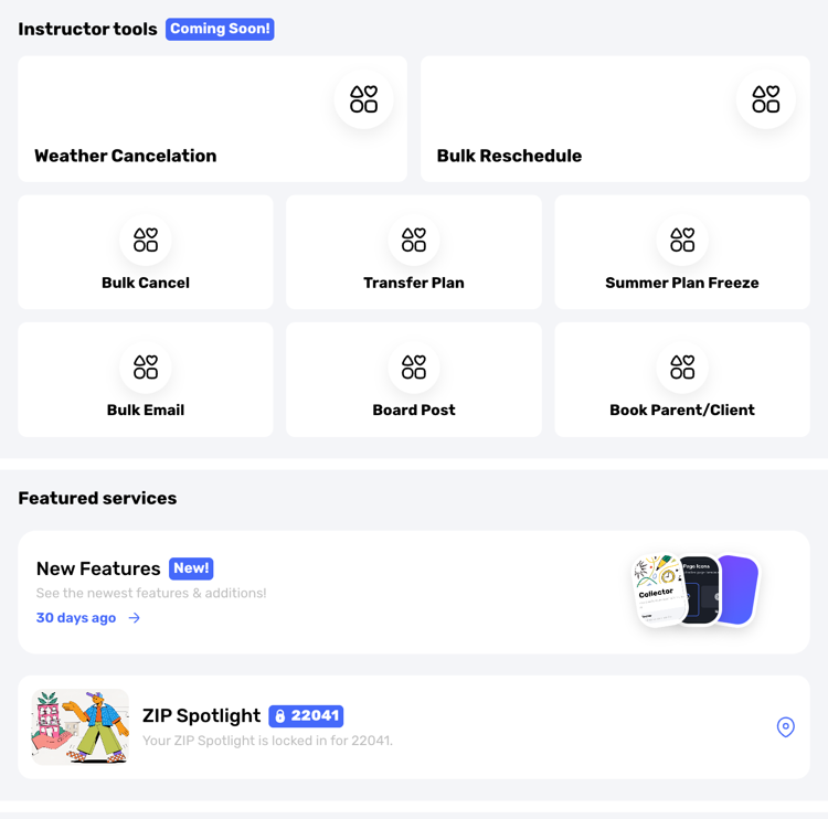 Swum Services hub with help guides for setup, booking, clients, payments, and team workflows