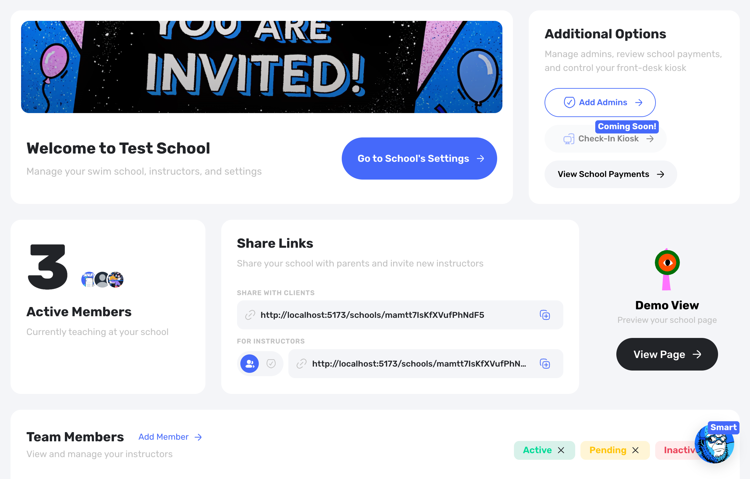 Swum swim school dashboard with school settings, share links, and team members