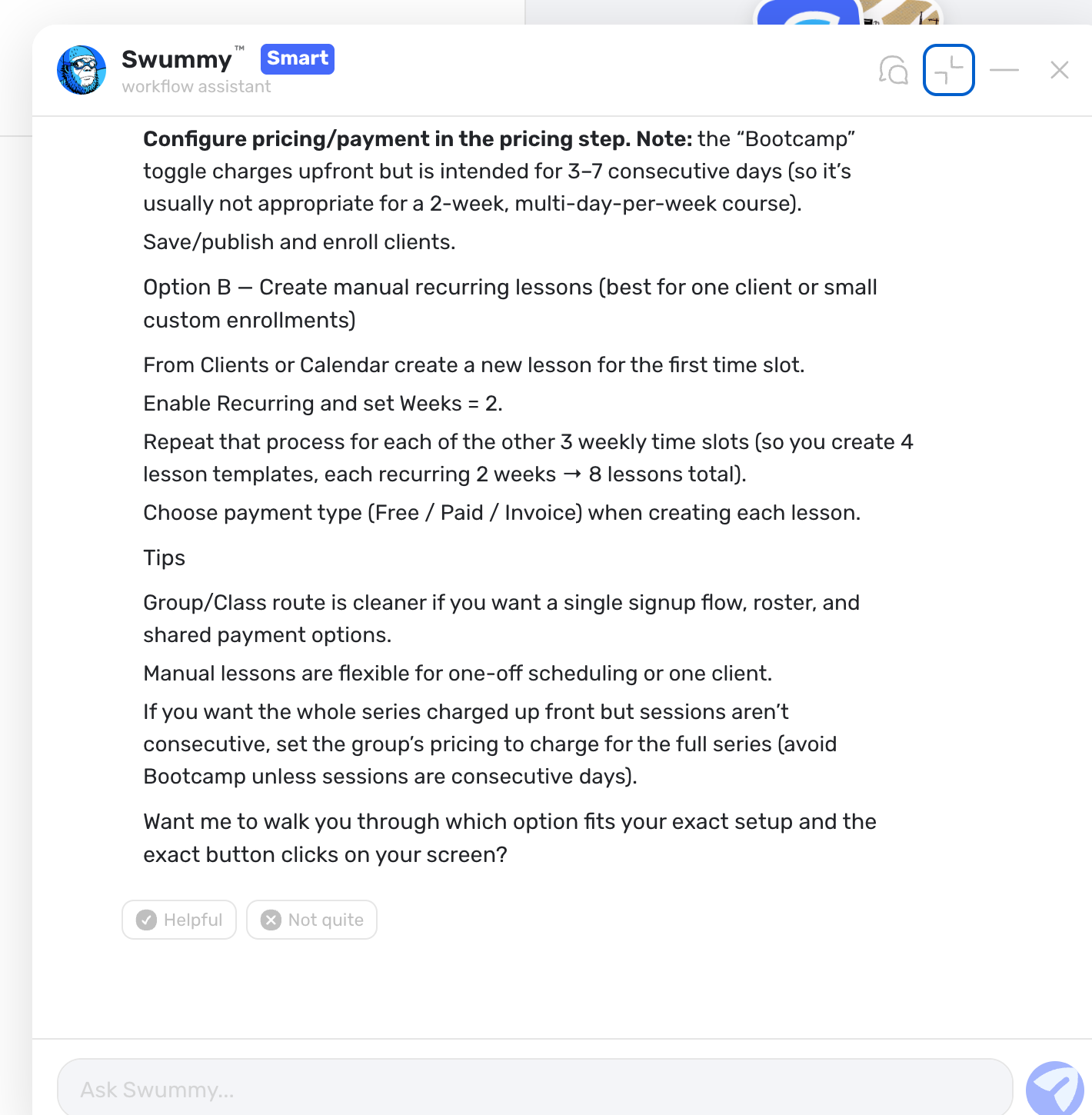 Swummy AI assistant answering workflow questions inside the Swum coach app