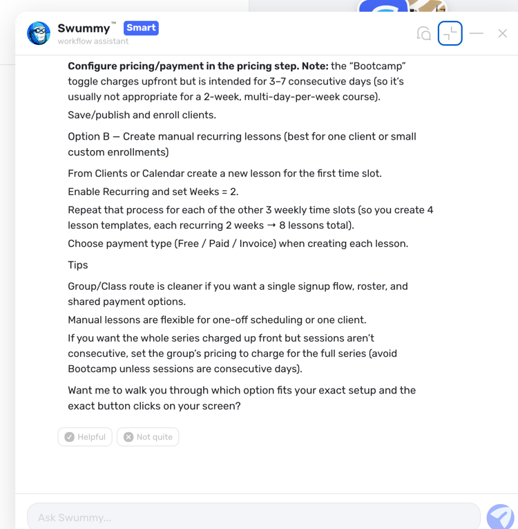 Swummy AI assistant giving step-by-step product workflow guidance