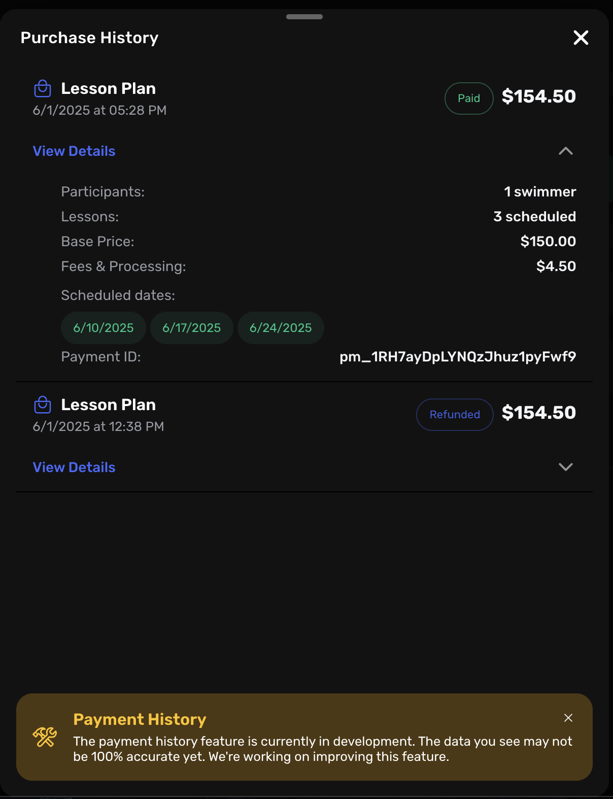 Client purchase history interface showing detailed transaction breakdown