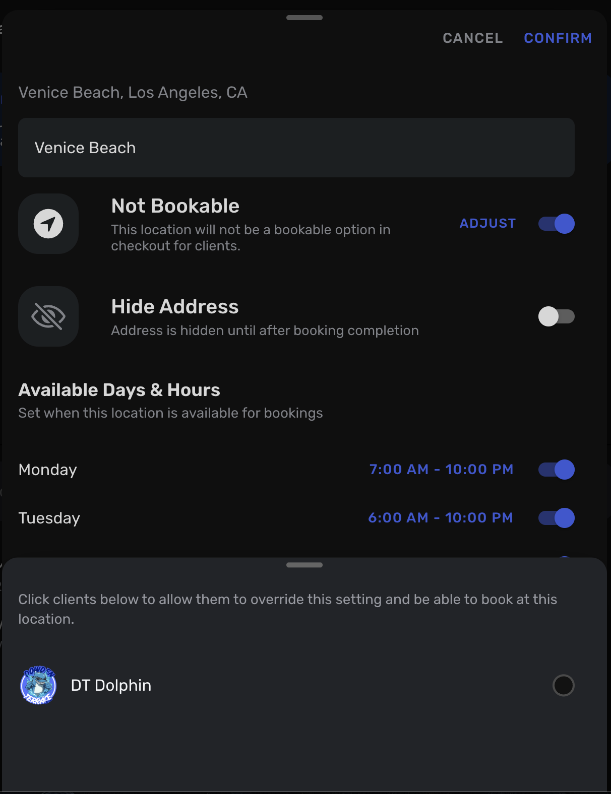 Location controls interface showing bookable status settings