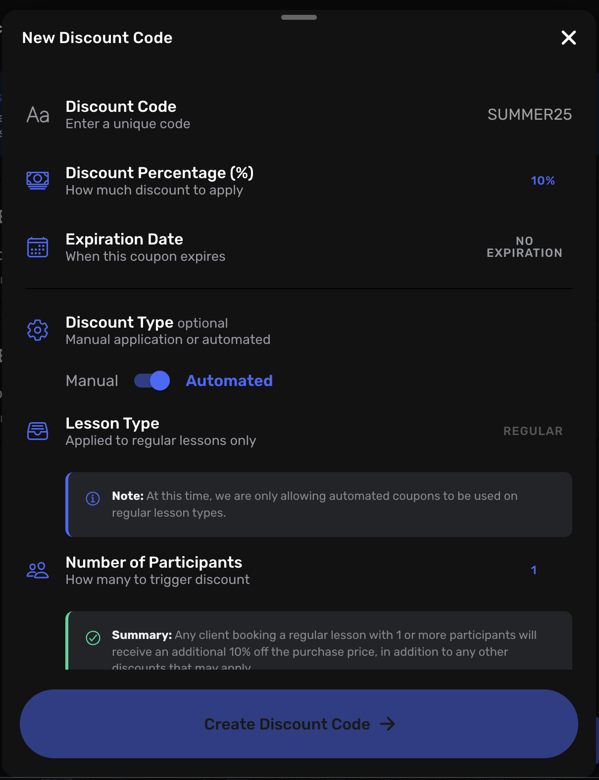 Enhanced discount code interface showing new flexibility options