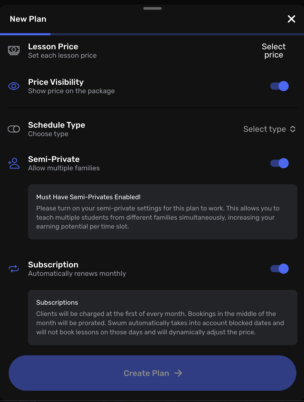 Semi-private plans interface showing multiple client booking options