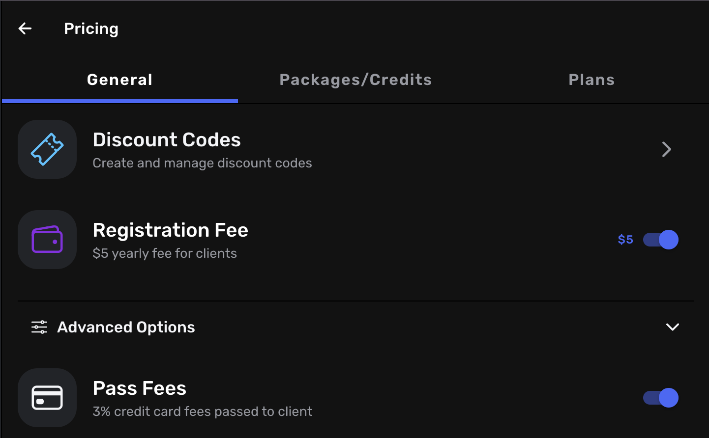 Yearly registration fee settings interface in Swum dashboard
