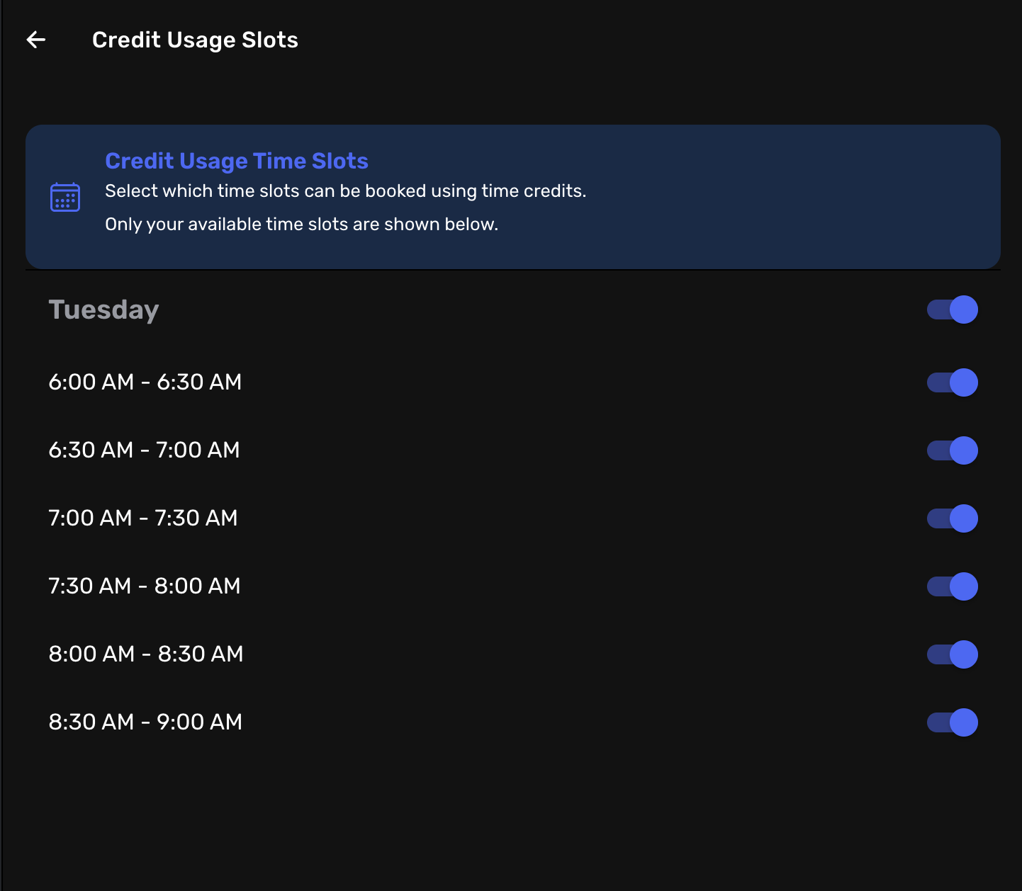Time slot credit availability settings showing day and time controls