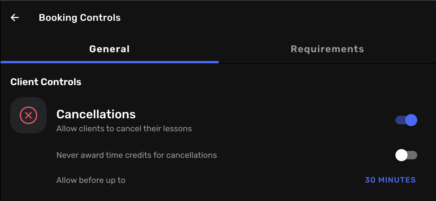 Cancellation controls settings showing credit award options