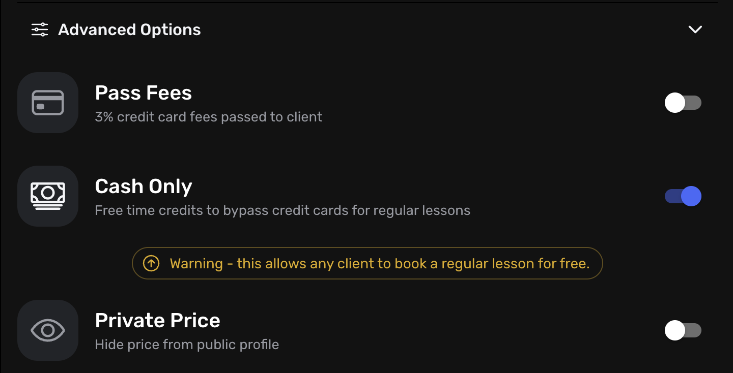 Cash bypass settings for regular lessons in Swum dashboard