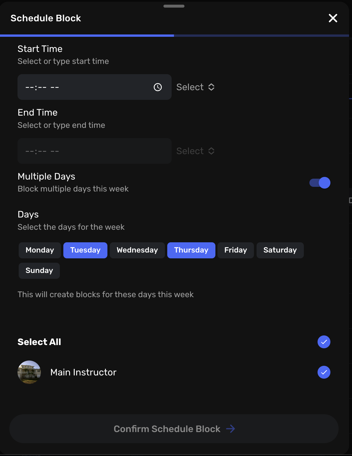 Multi-day time block scheduling interface showing weekly pattern setup