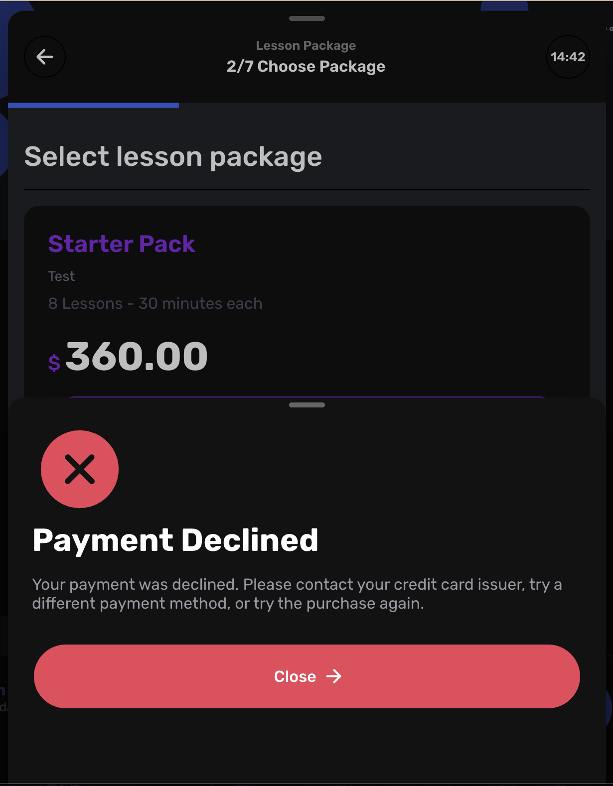 Payment failure handling showing invoice payment option