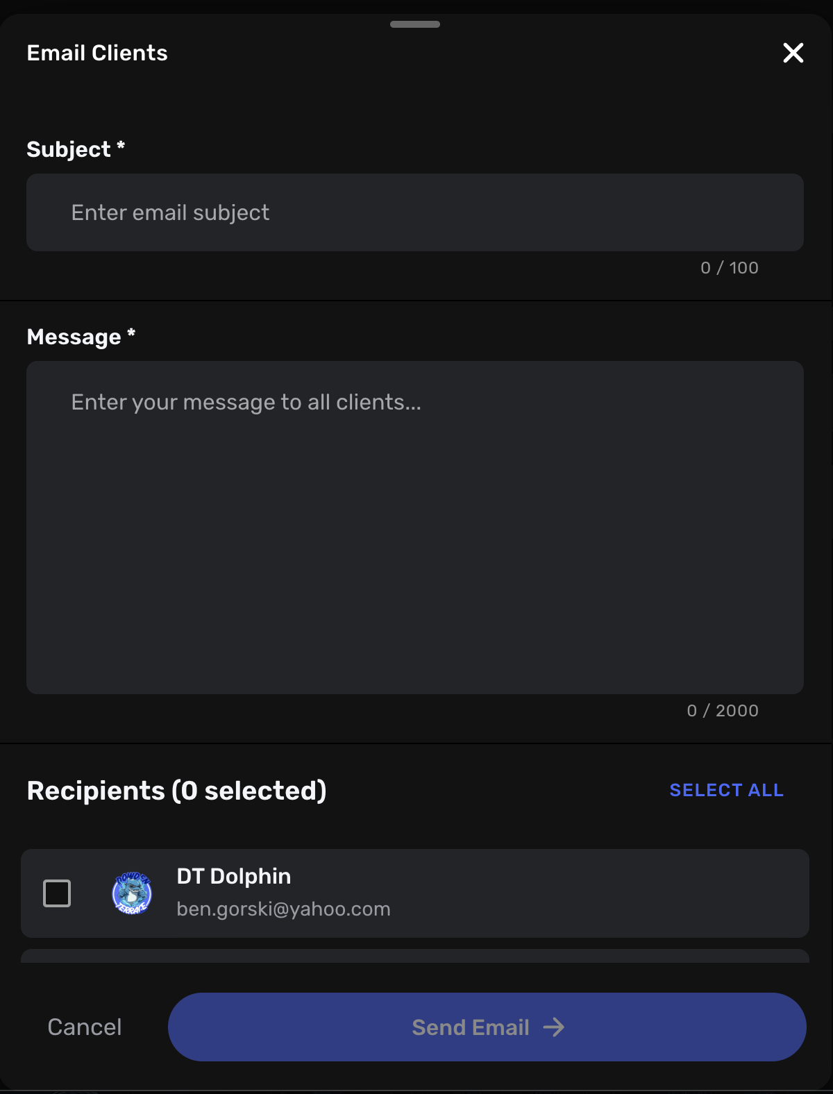 Mass emailing interface showing client group selection options