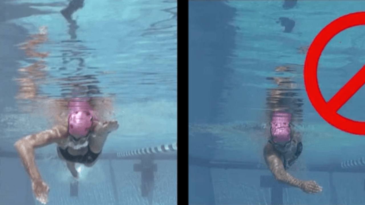 Side-by-side comparison of old S-pull versus modern straight-line freestyle pull pattern with efficiency arrows