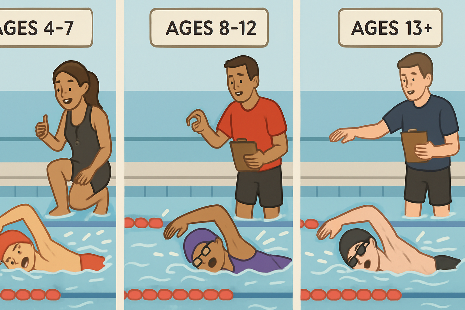 Visual progression showing different coaching approaches for ages 4-7, 8-12, and 13+ swimmers learning freestyle