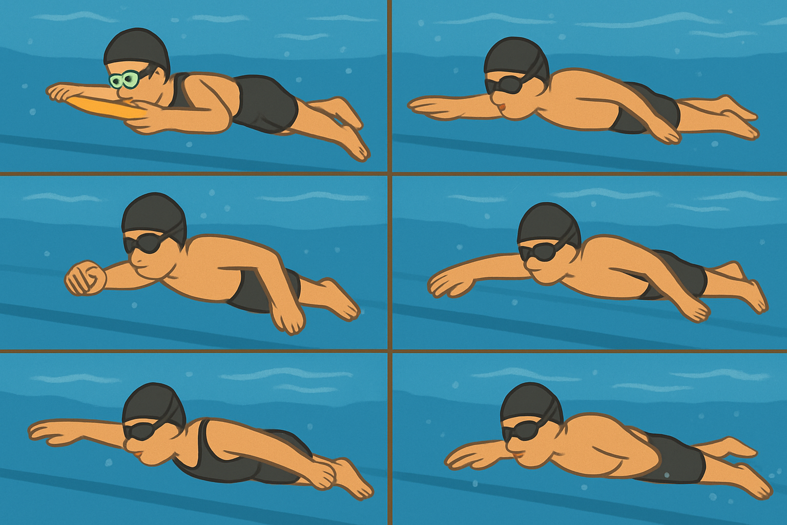 Progressive drill chart showing beginner to advanced freestyle drills with underwater technique photos