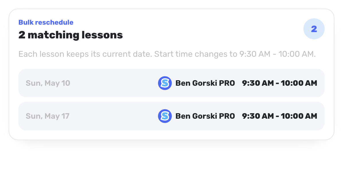 Bulk reschedule lesson modal for moving matching lessons to a new time