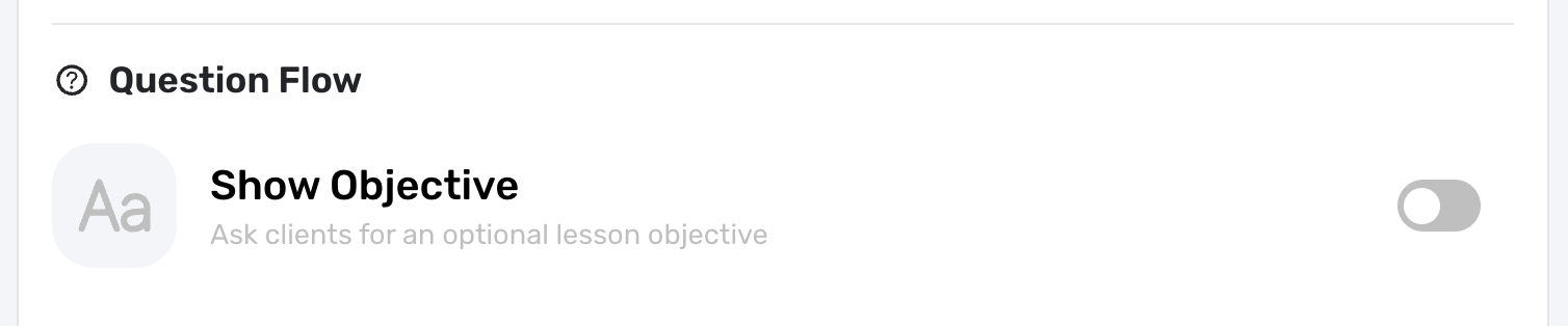 Booking Controls toggle for showing or hiding the lesson objective question in checkout