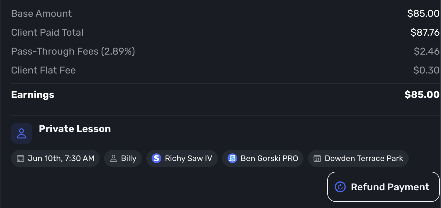 Enhanced transaction details showing payment amount, fees, earnings, and lesson context