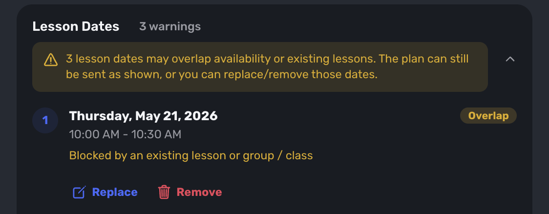 Fixed plan conflict warning showing overlapping lessons and resolution options