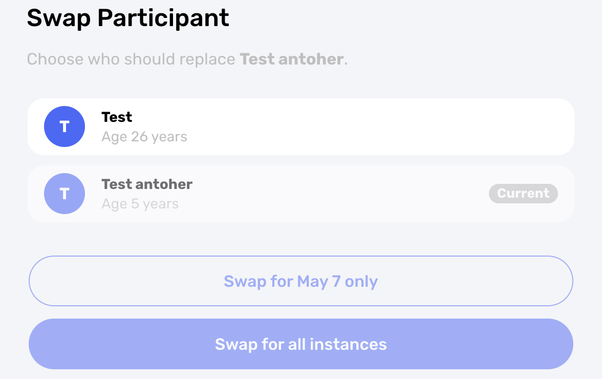 Class participant swap controls for one class instance or all future instances