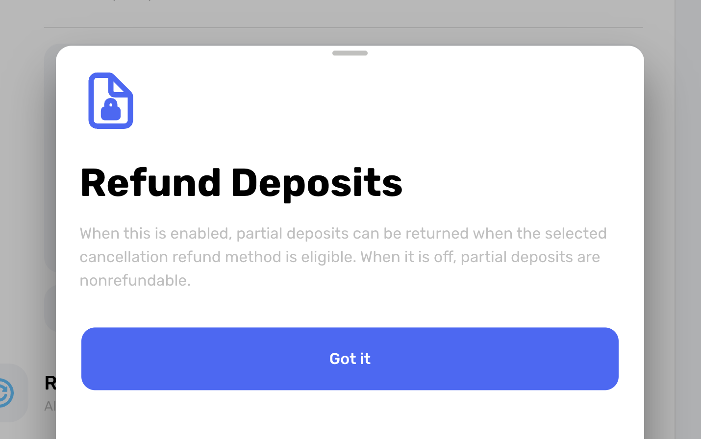 Deposit refund control showing whether partial deposits are refundable after cancellation