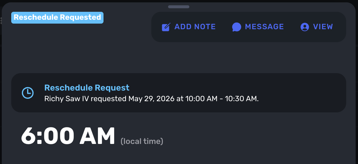 Reschedule approval request showing approve and deny controls