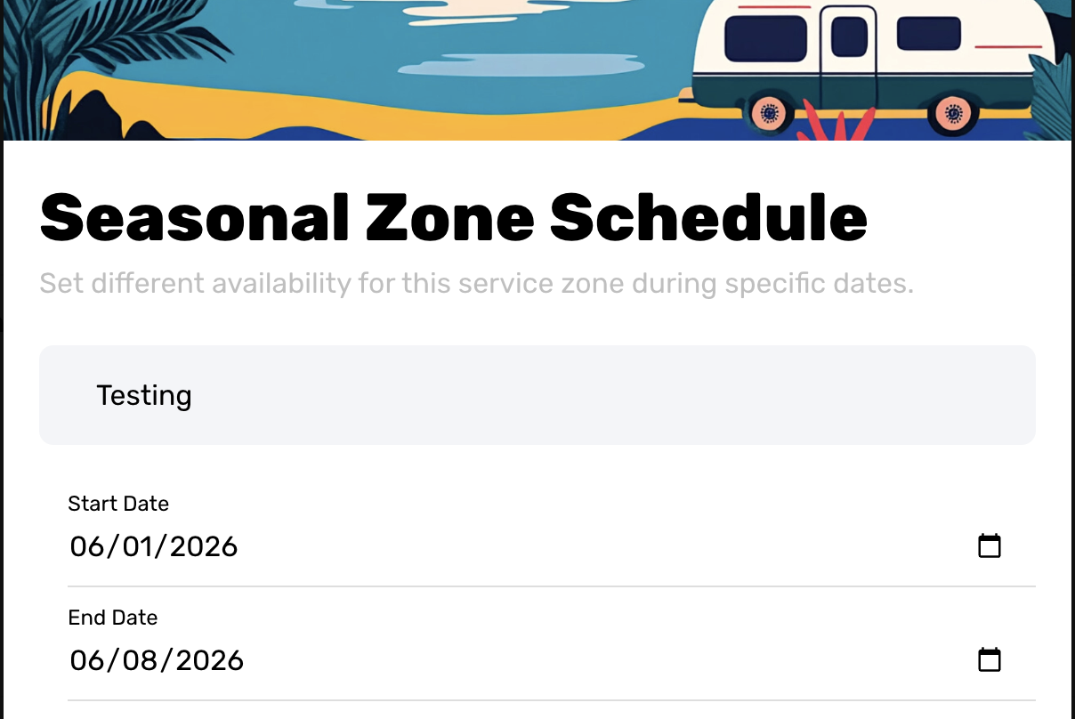 Service zone schedule with date ranges and available days