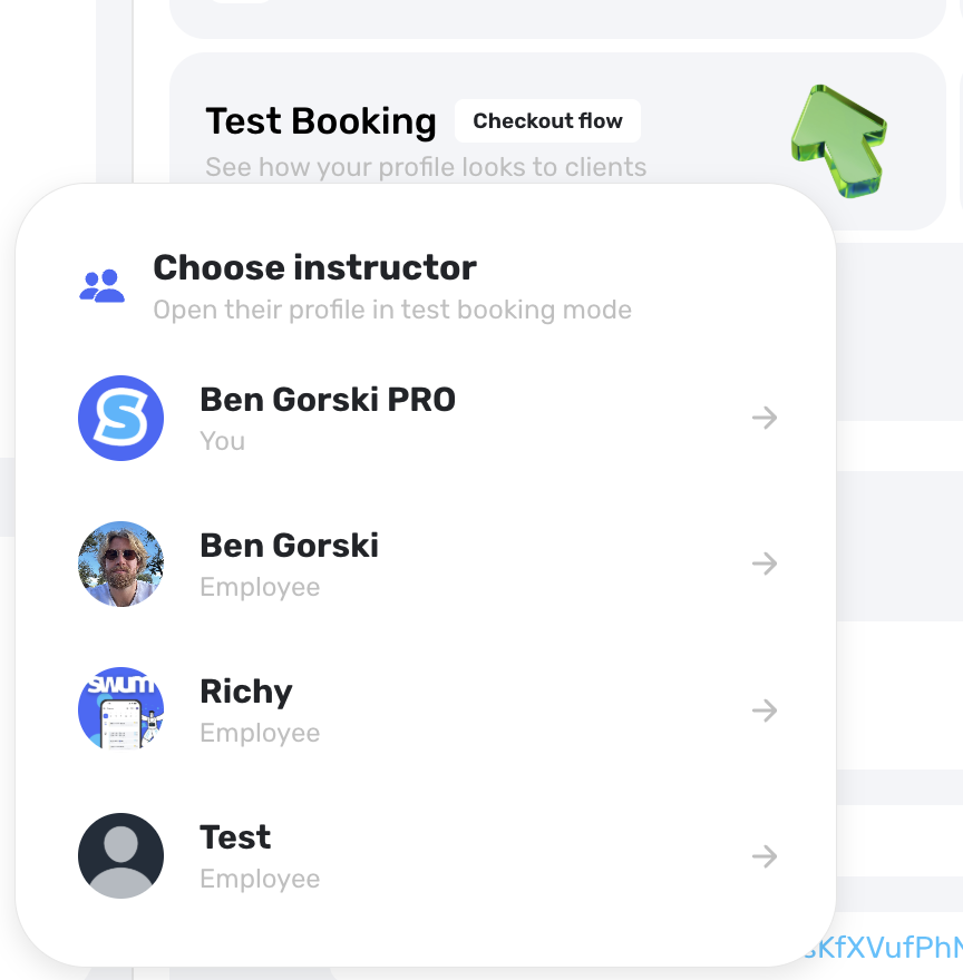 Test Booking instructor selector showing active contractor instructor profiles