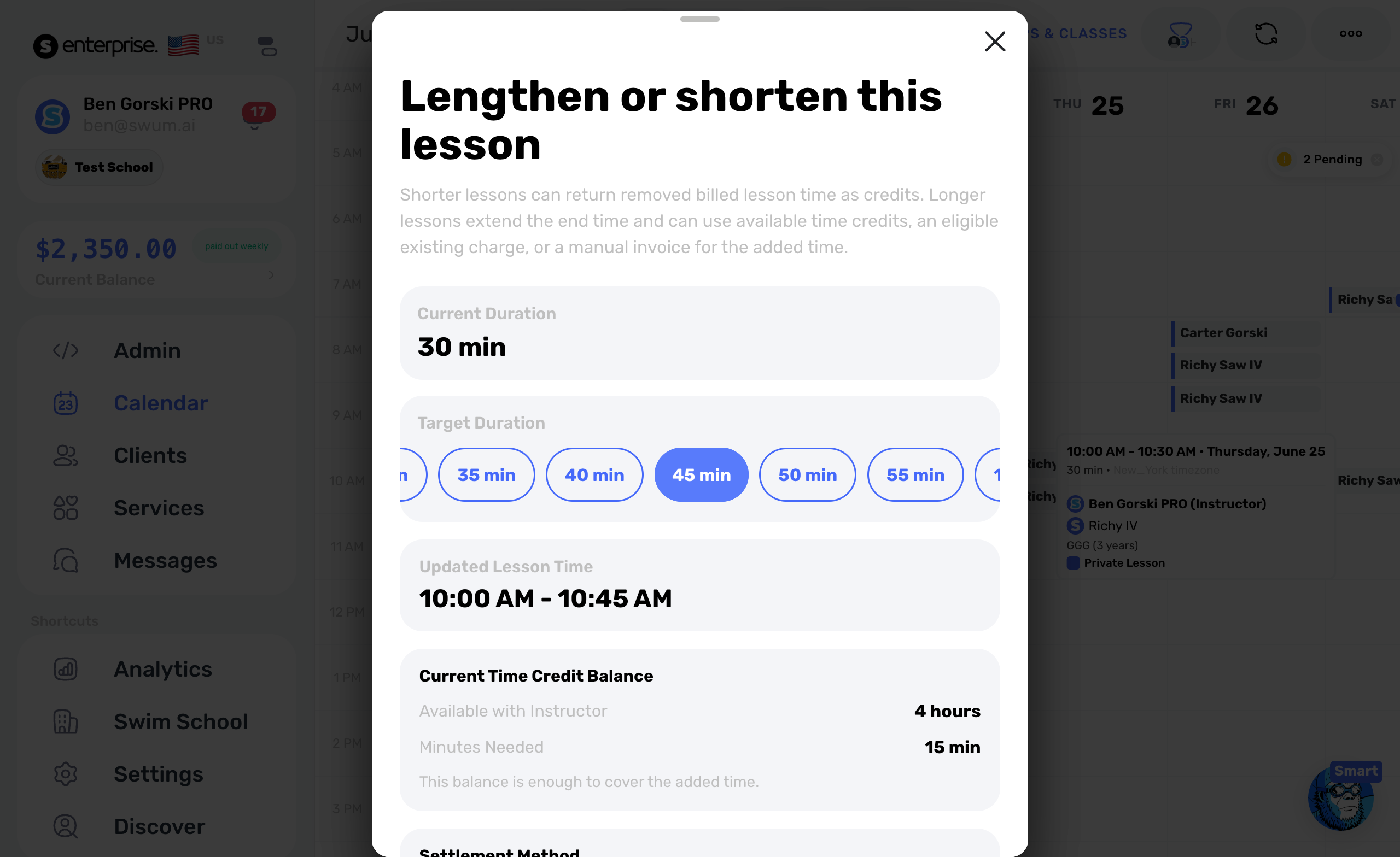 Adjust lesson duration flow showing scheduled payment impact