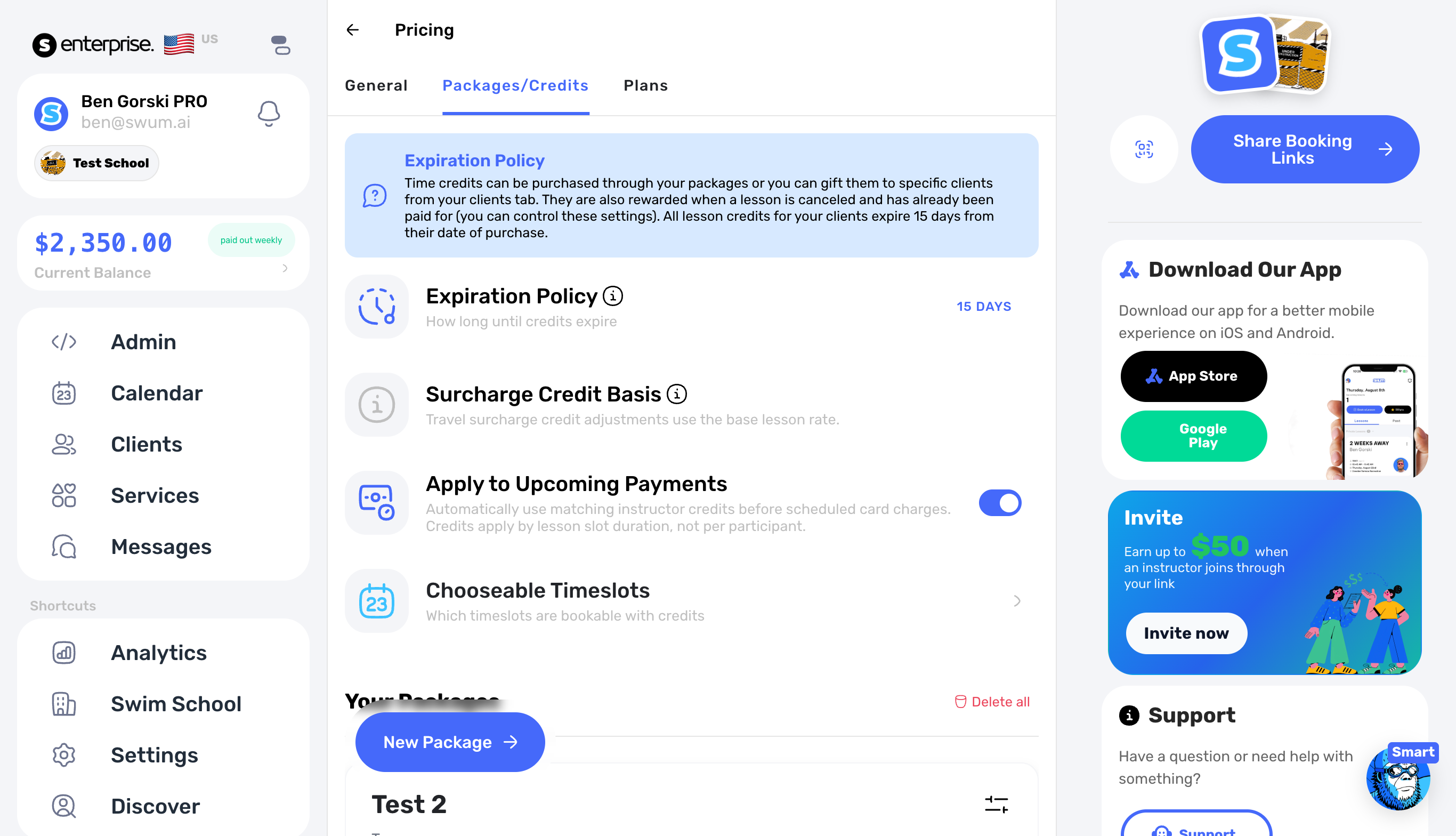 Packages and Credits settings for automatically applying time credits to upcoming payments