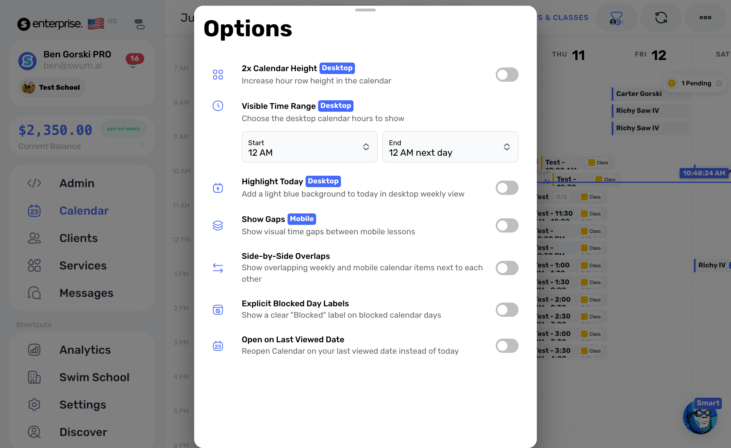 Calendar options showing visible start and end hour controls