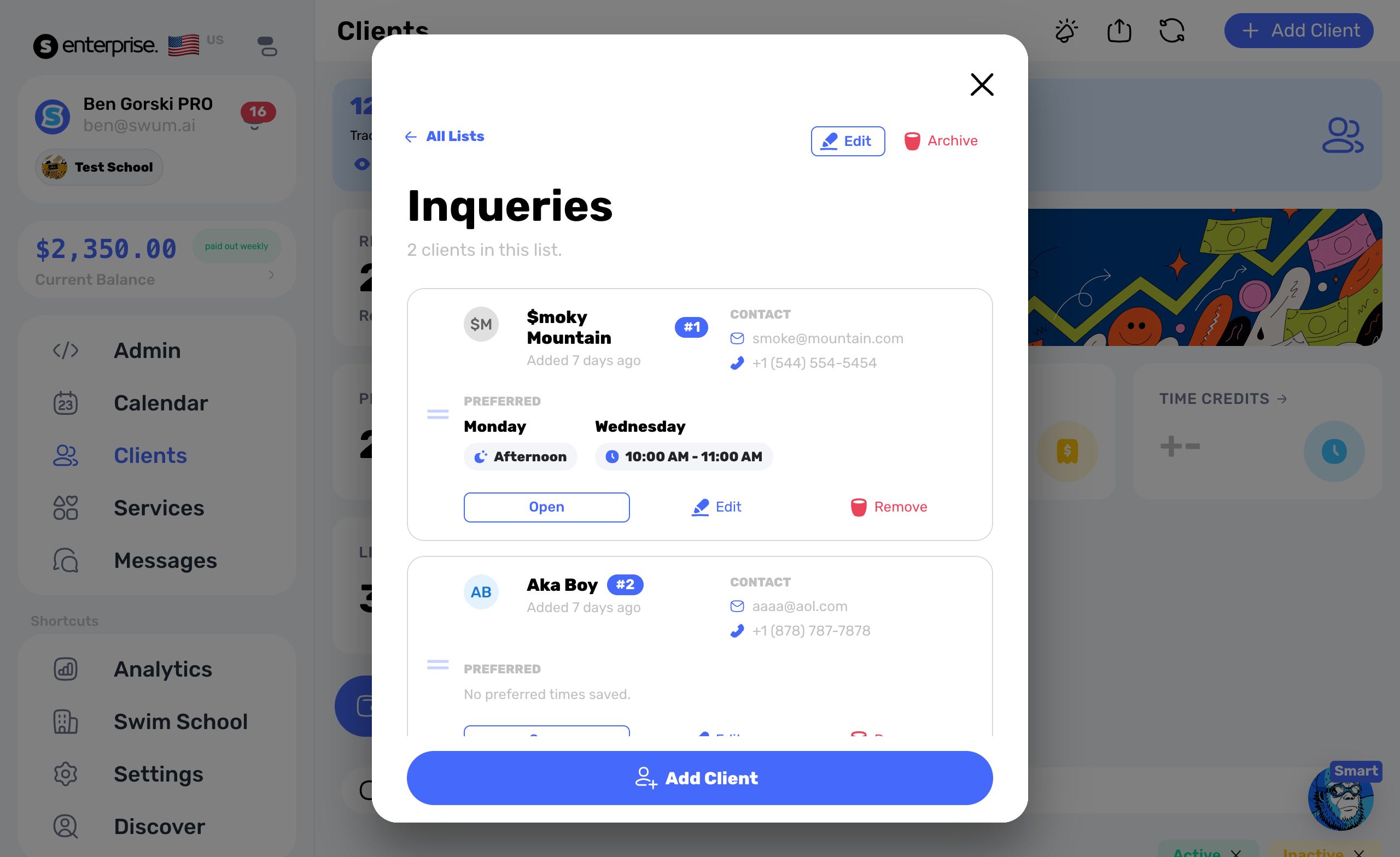 Clients page showing custom client lists