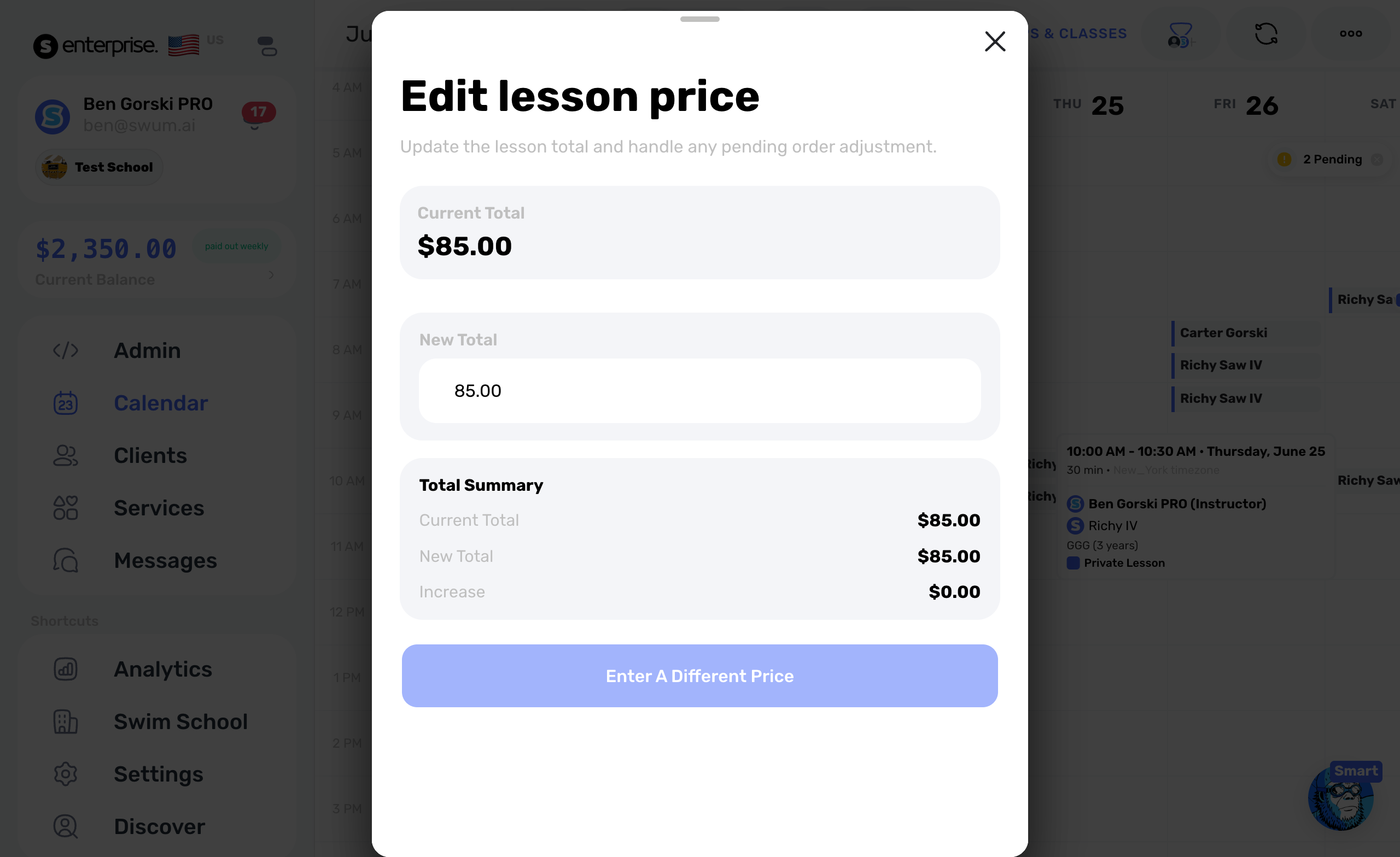 Lesson modal price editing controls