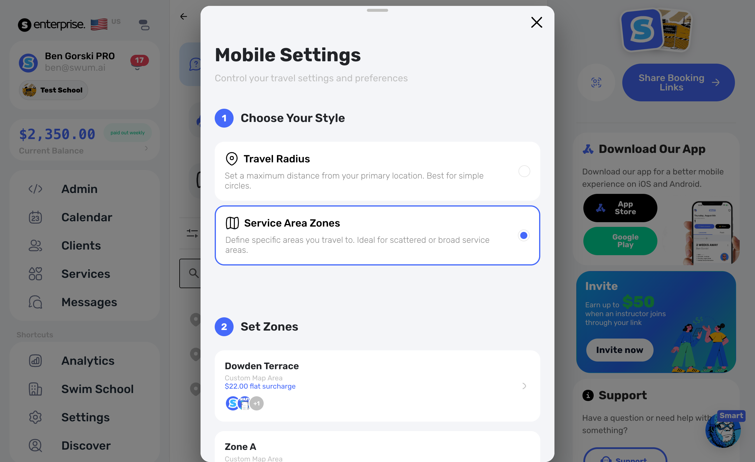 Travel boundary settings with lock clients to original zone option