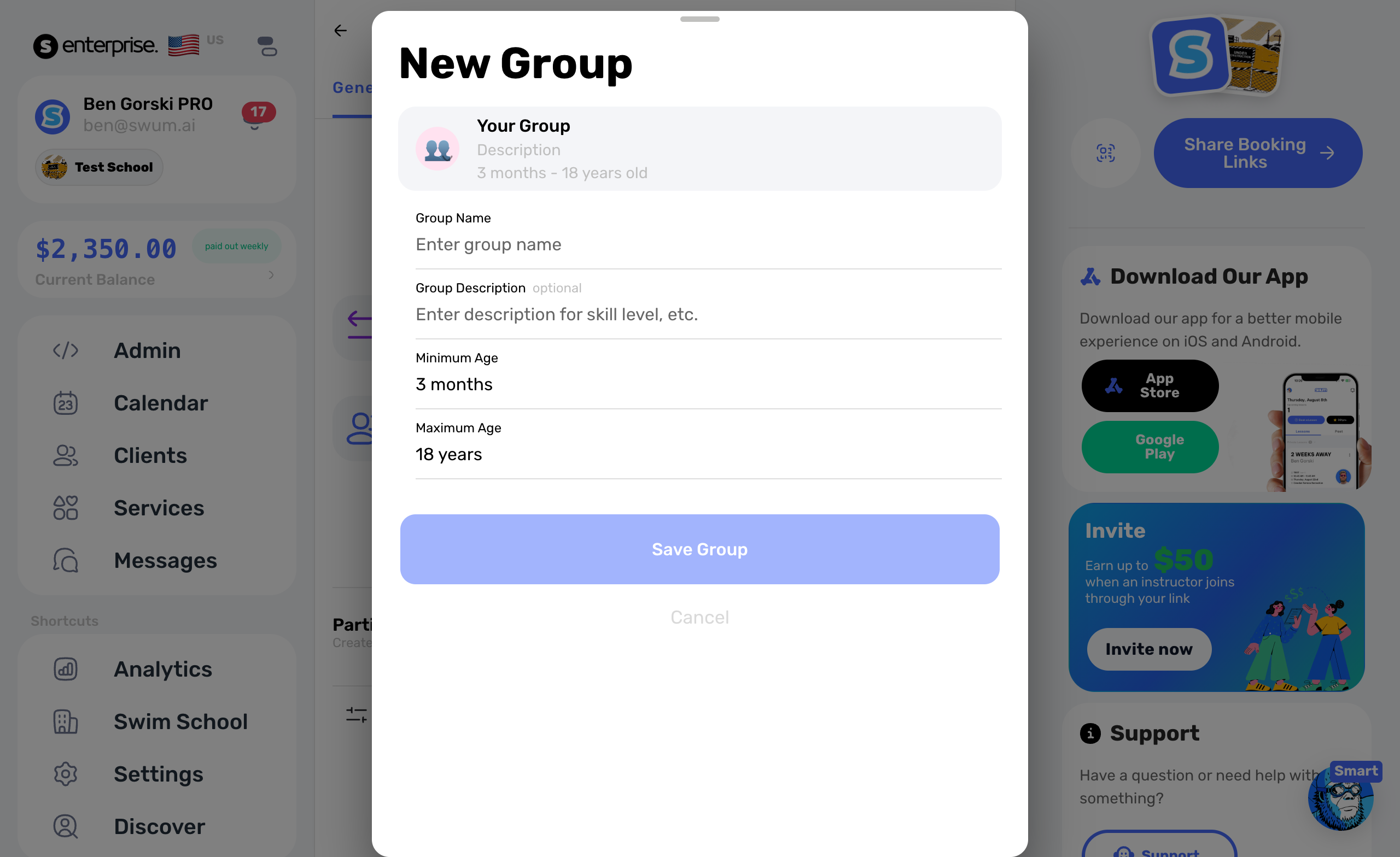 Participant group settings with minimum and maximum age controls