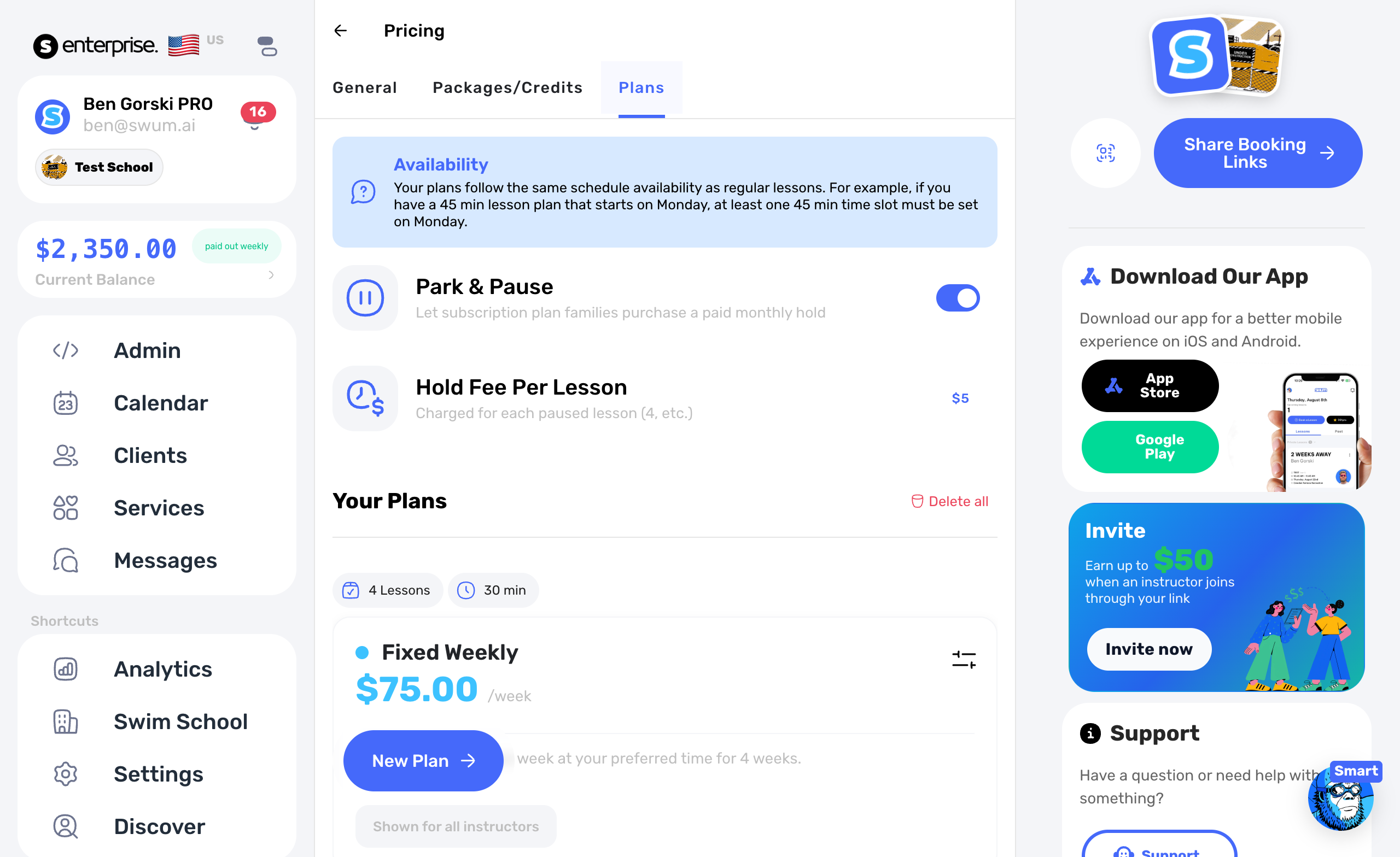 Park and Pause plan hold settings