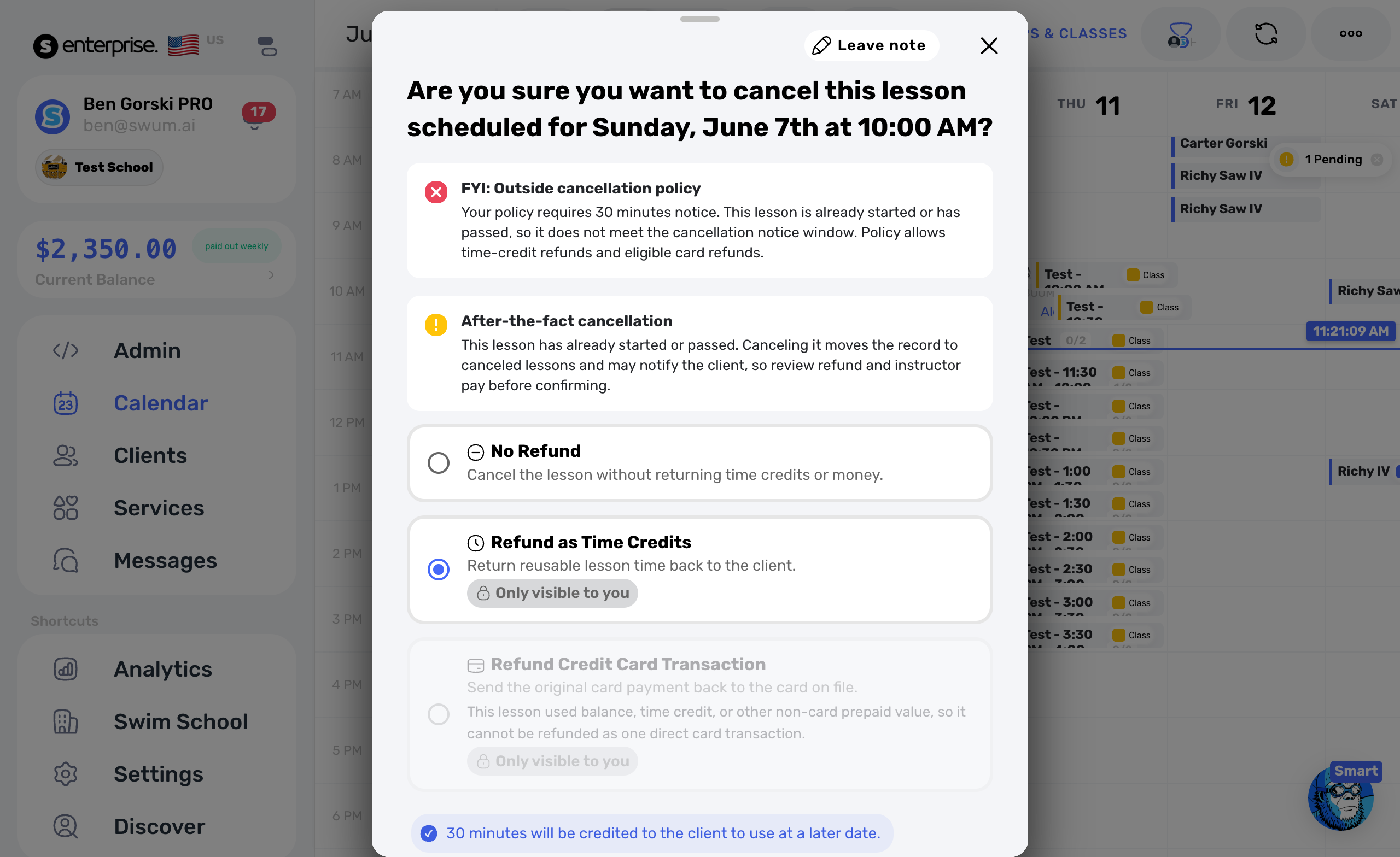 Past lesson modal showing cancellation controls
