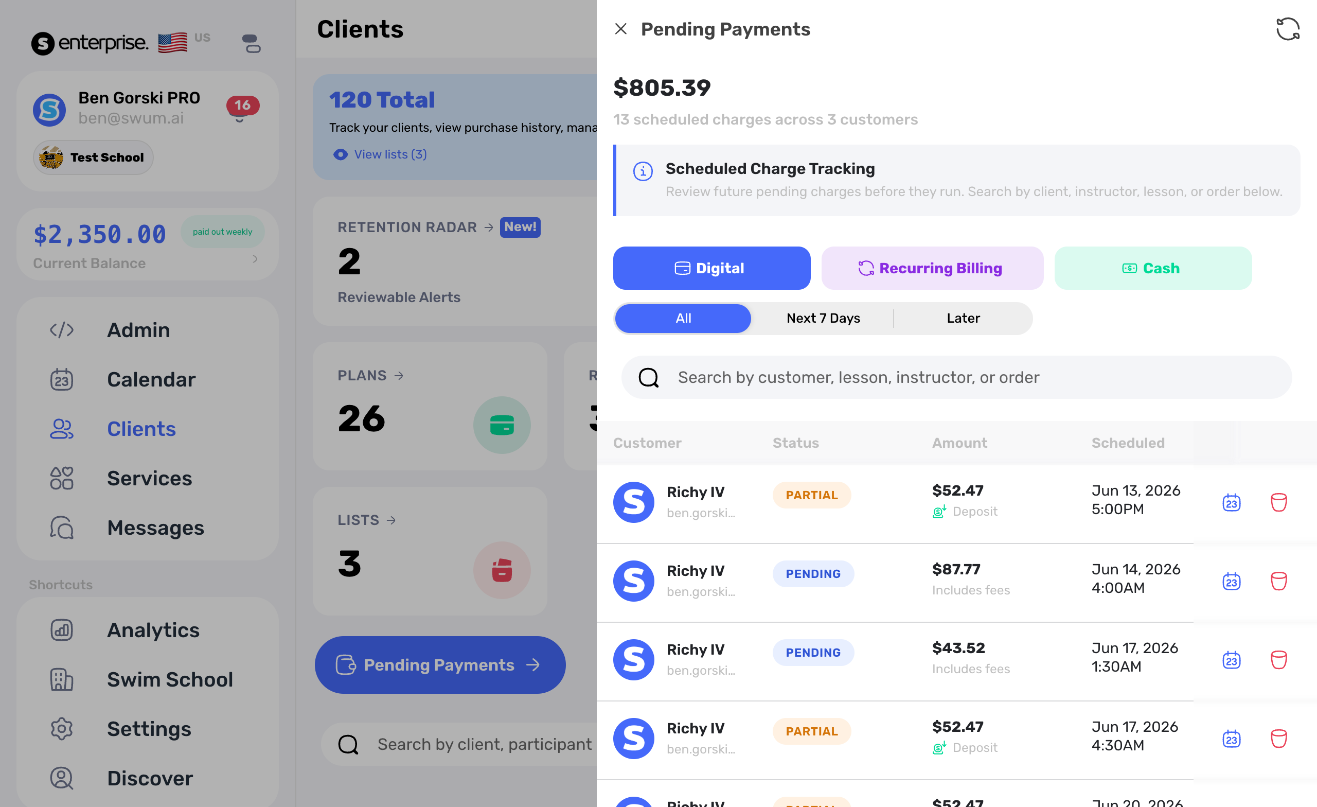 Pending payments showing partial, pending, deposit, and move controls