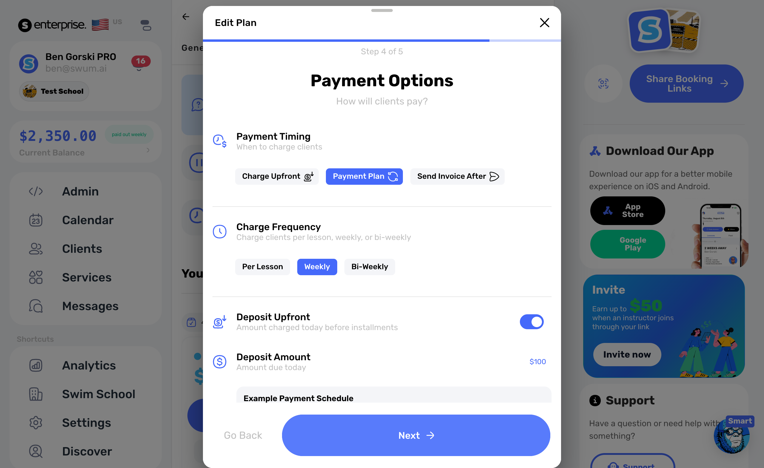 Payment schedule and deposit preview for lesson setup