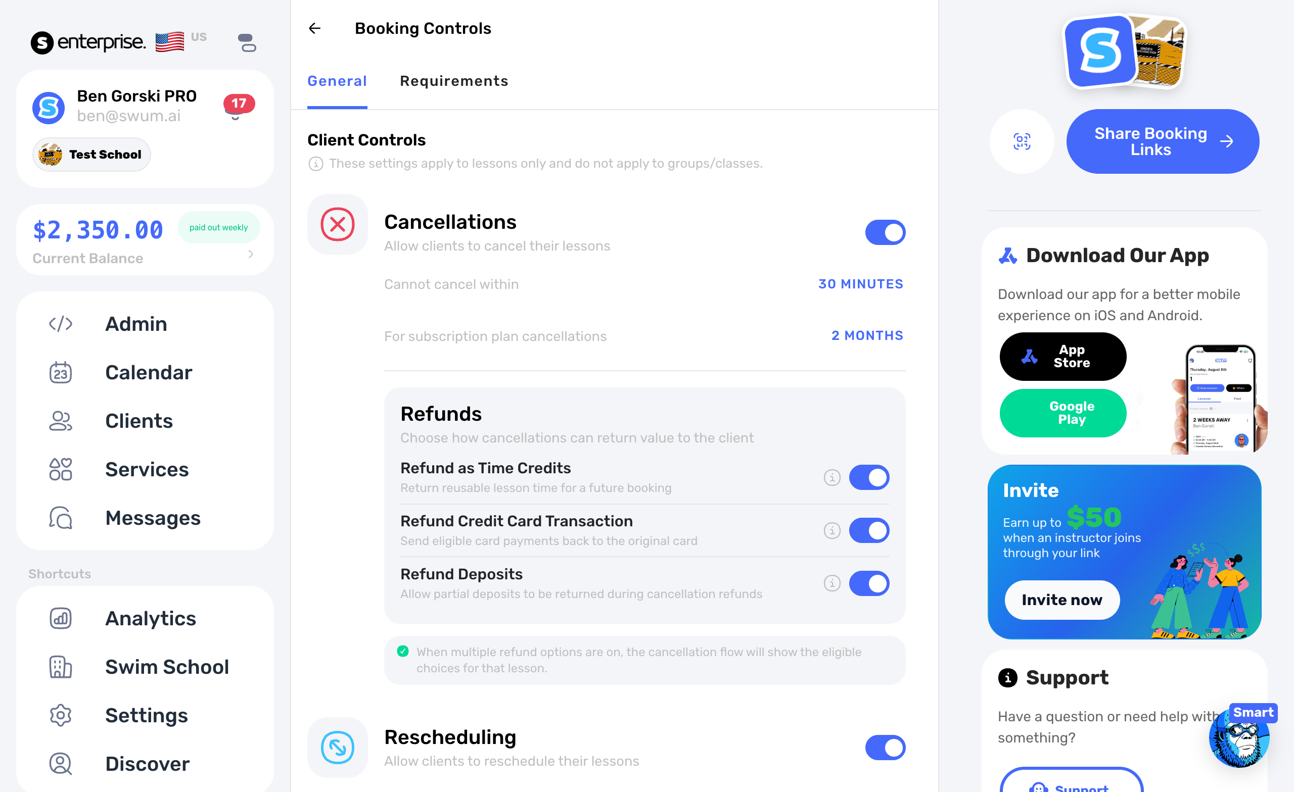 Booking Controls showing minimum advance notice for rescheduling