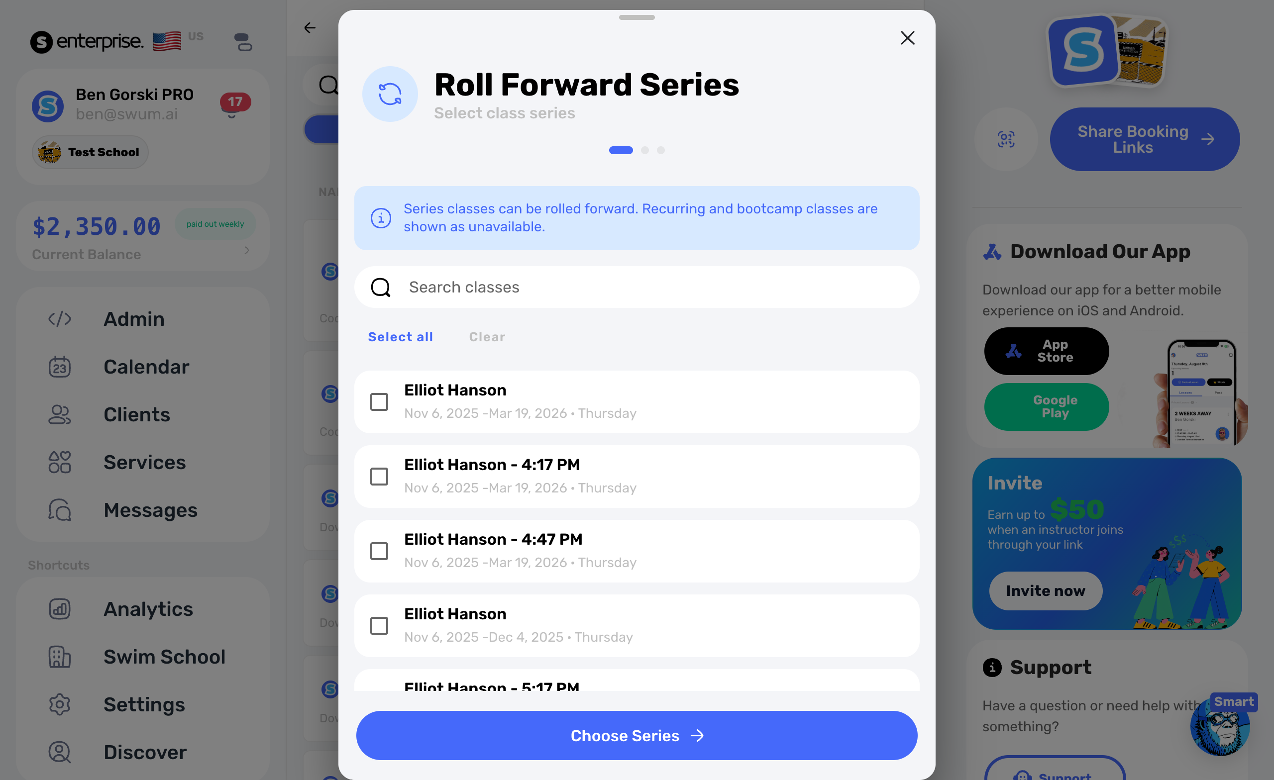 Roll Forward class series workflow with bulk class selection