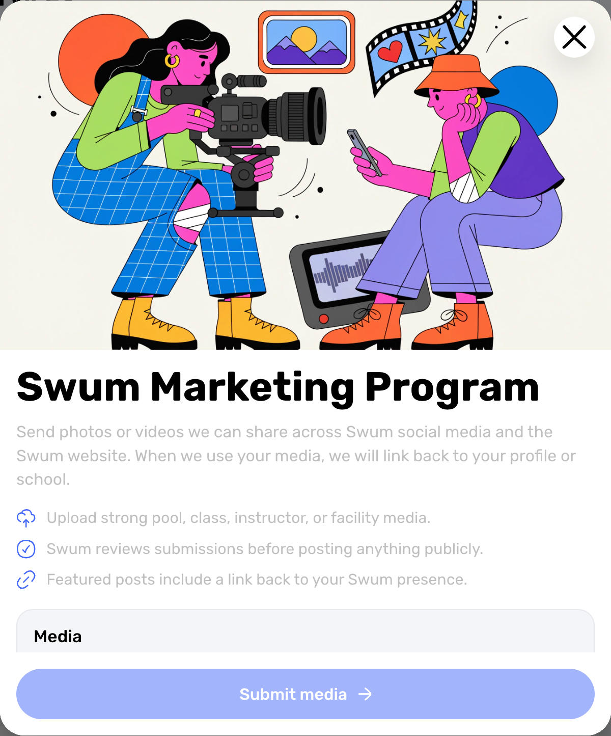 Swum Marketing Program modal for submitting photos and videos