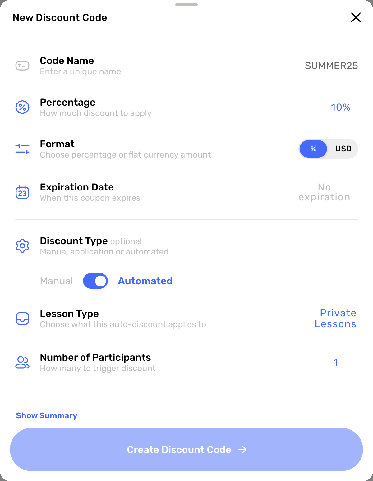 New Discount Code modal showing automated discount code model options