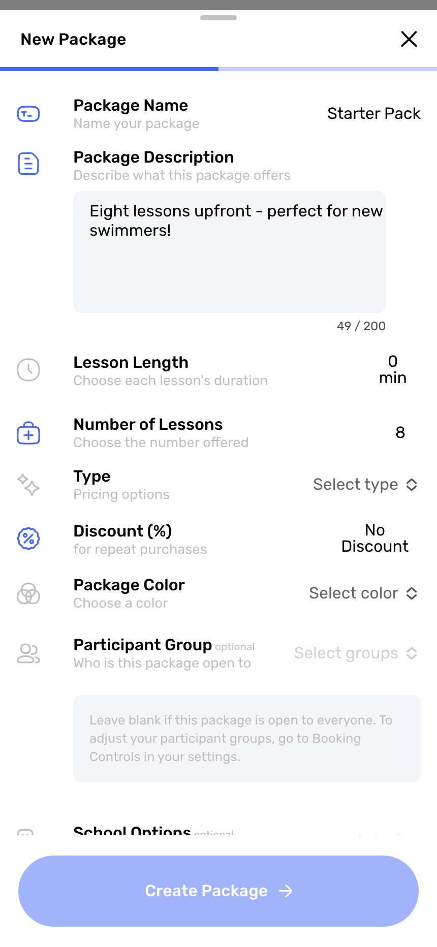 Swum New Package form creating a Starter Pack of eight 30-minute lessons