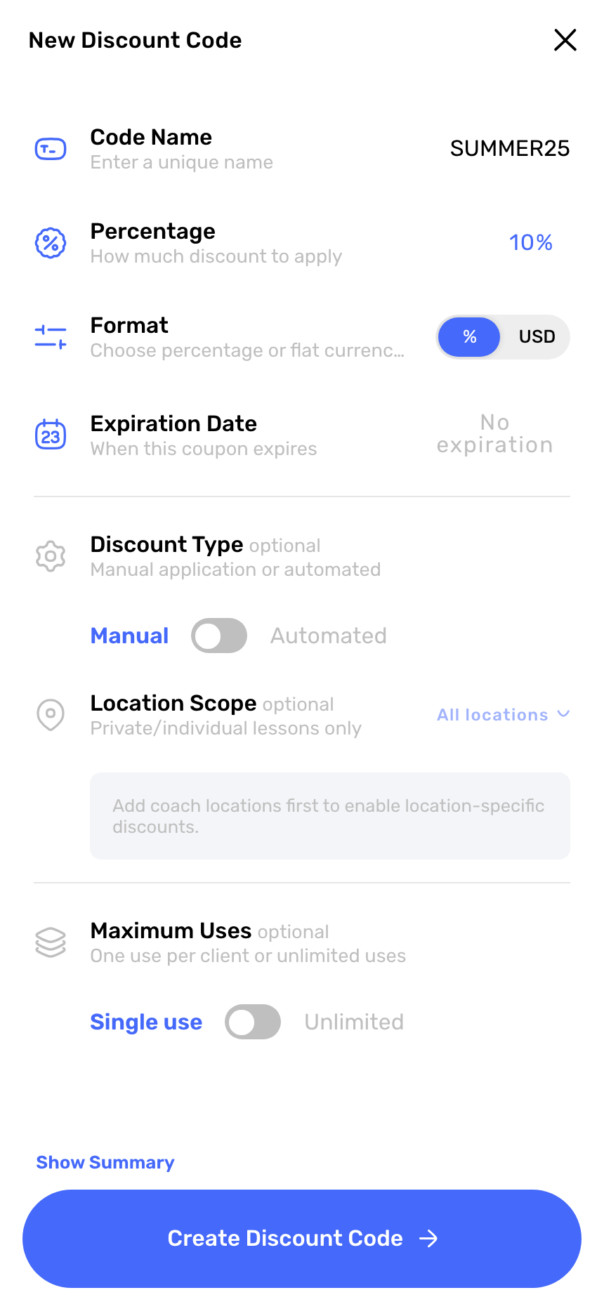 Swum New Discount Code form creating a SUMMER25 code with single use per client