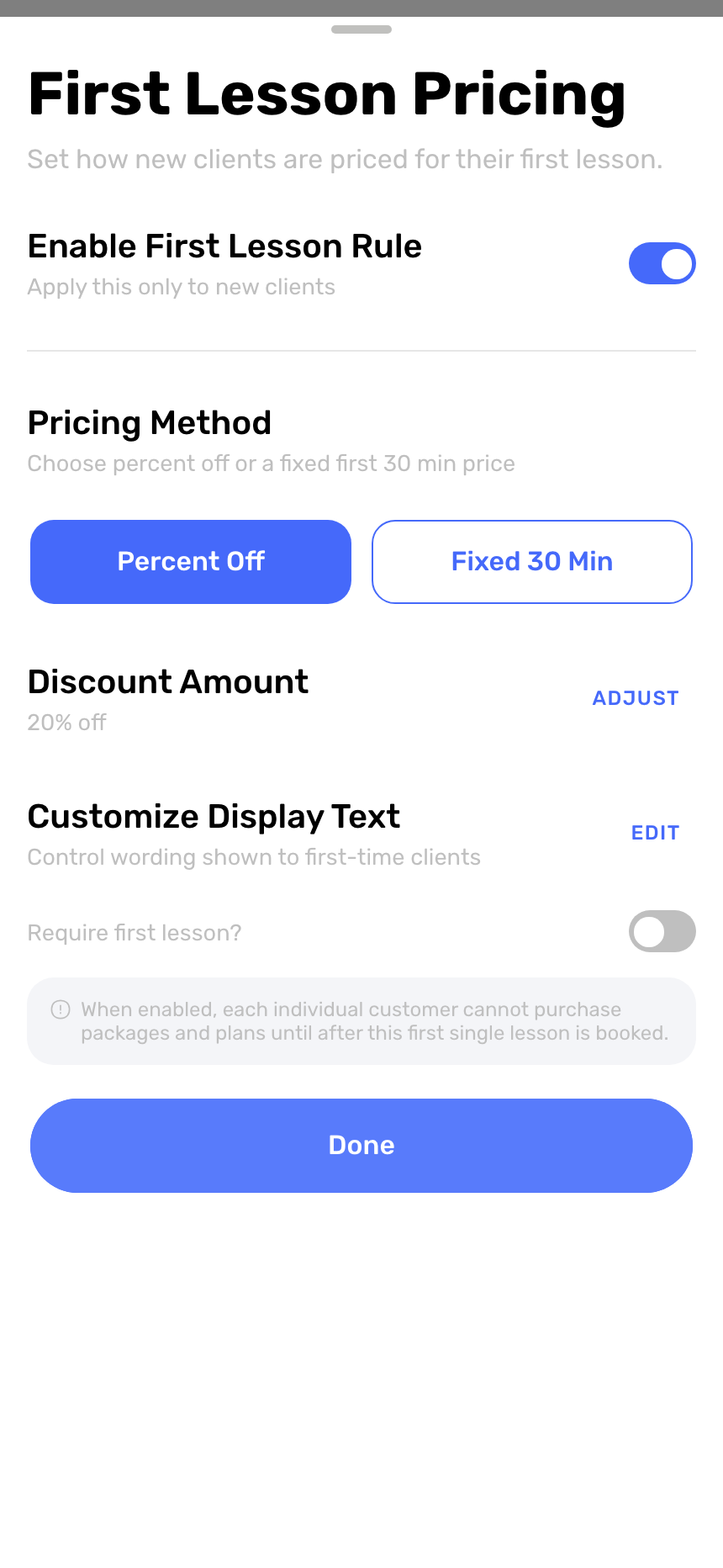 Swum First Lesson Pricing modal with a 20 percent discount for new clients