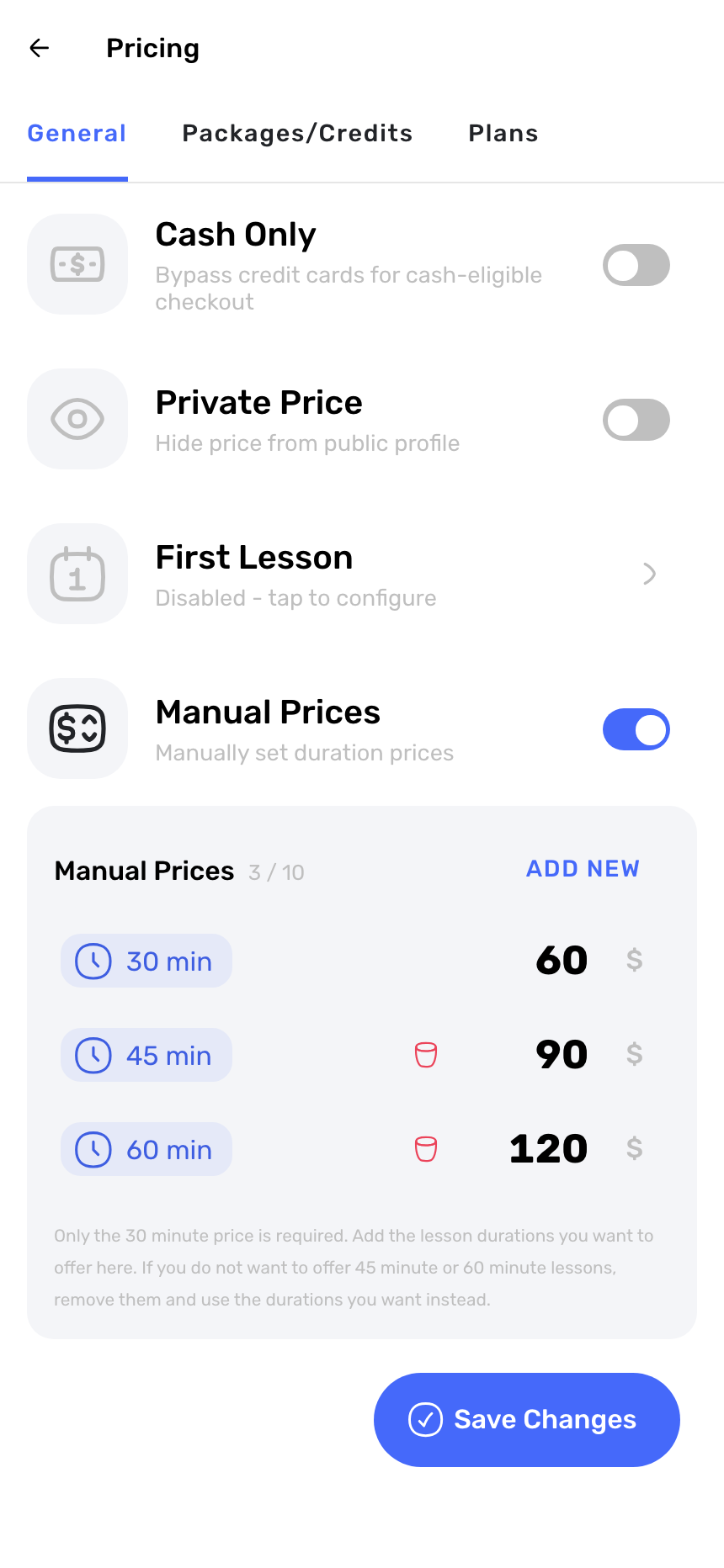 Swum Manual Prices setting showing separate rates for 30, 45, and 60 minute lessons