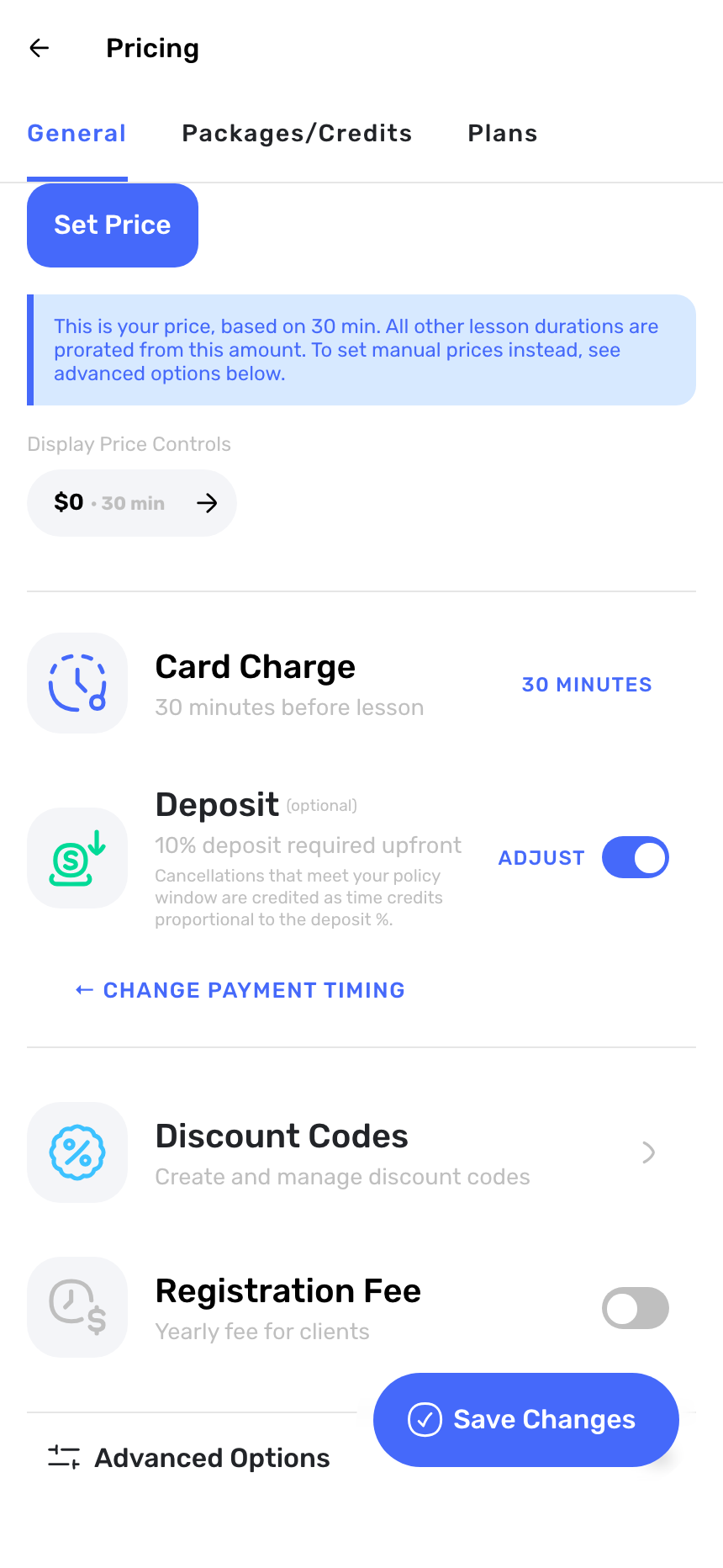 Swum payment timing settings with card charge window and a 10% deposit requirement enabled