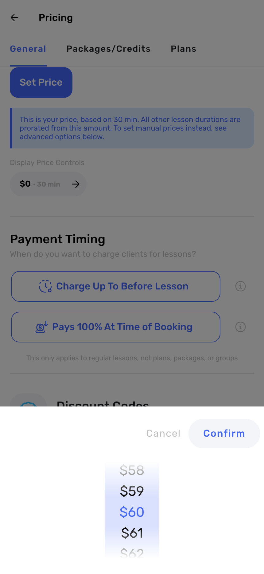 Swum price wheel picker selecting $60 for a 30-minute swim lesson